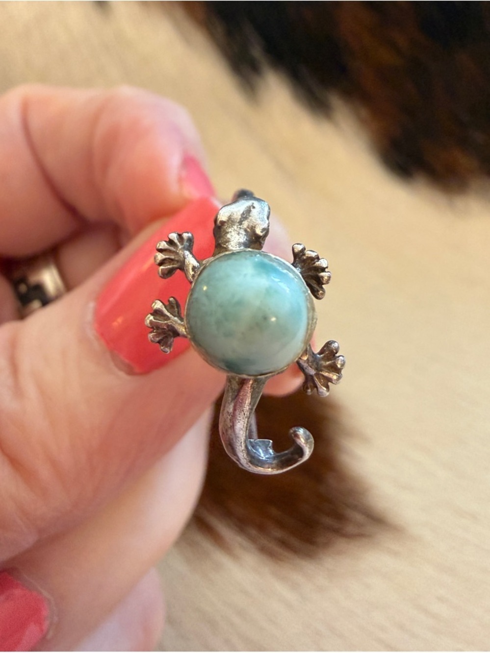 ❤️ Old Pawn Artisan Larimar & Sterling Silver Lizard Ring Navajo Style Size 9.5